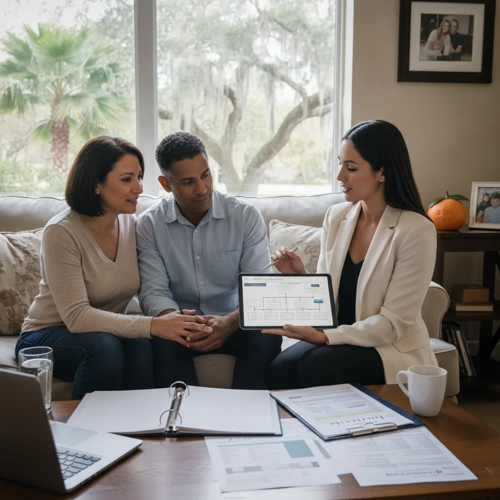 Financial advisor showing a tablet with charts to a couple sitting on a couch in a home office.