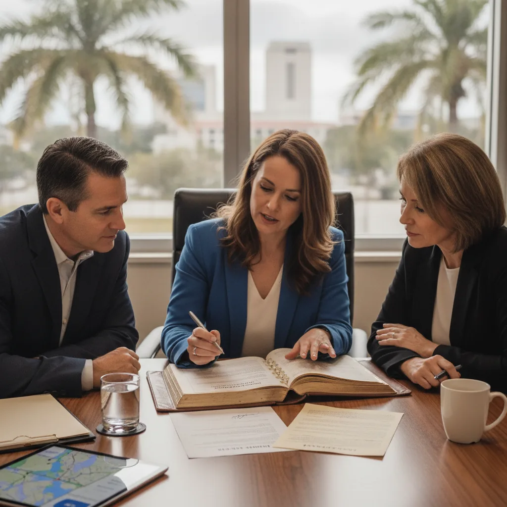 Three business professionals in suits review documents at a conference table with a city skyline view.